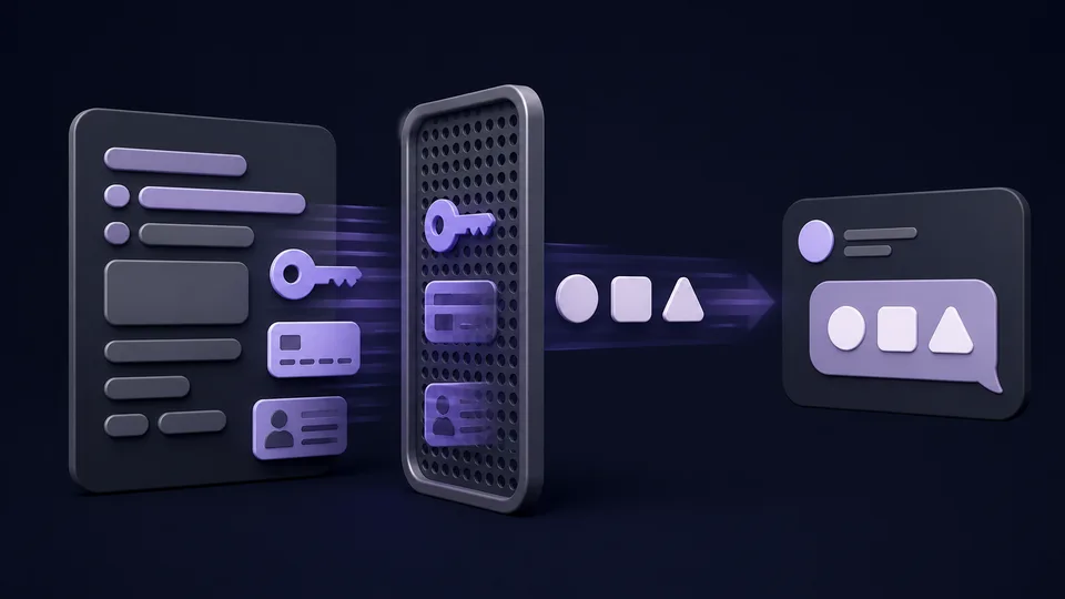 A privacy filter stopping keys, payment details and identity information while harmless placeholders continue to an AI chat.