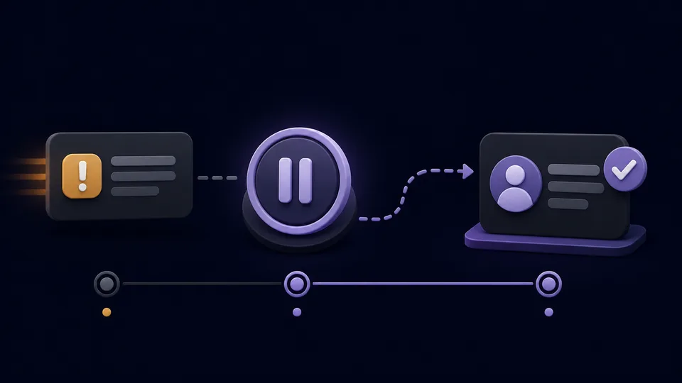 An urgent message stopped at a pause symbol, followed by a separate route to a verified trusted contact.
