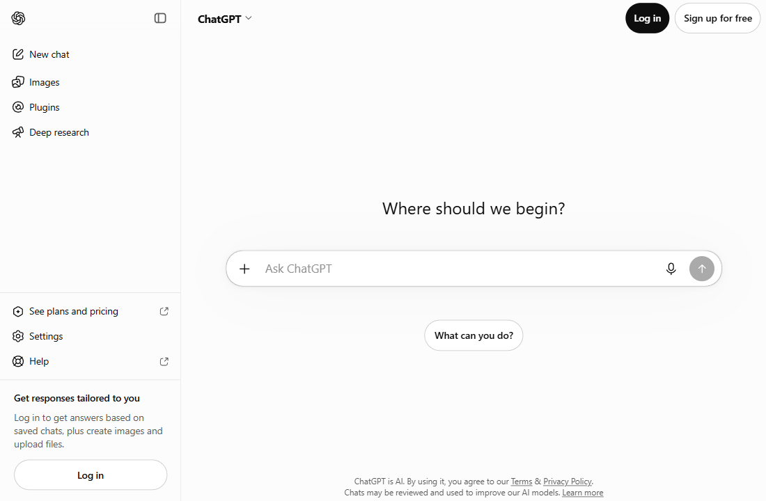 Close-up of the Log in and Sign up for free buttons at the top right of the computer screenshot.