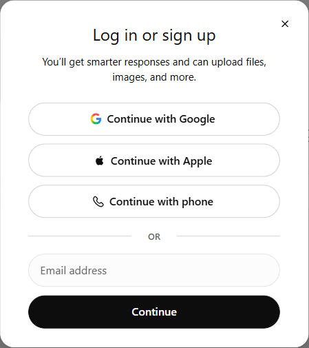 Log in or sign up window with Continue with Google, Continue with Apple, Continue with phone, and an empty Email address field above Continue.