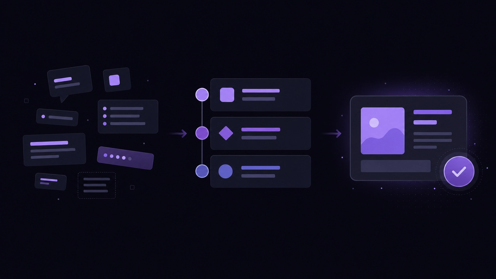 Abstract illustration showing scattered prompt fragments becoming structured steps and a checked AI response.